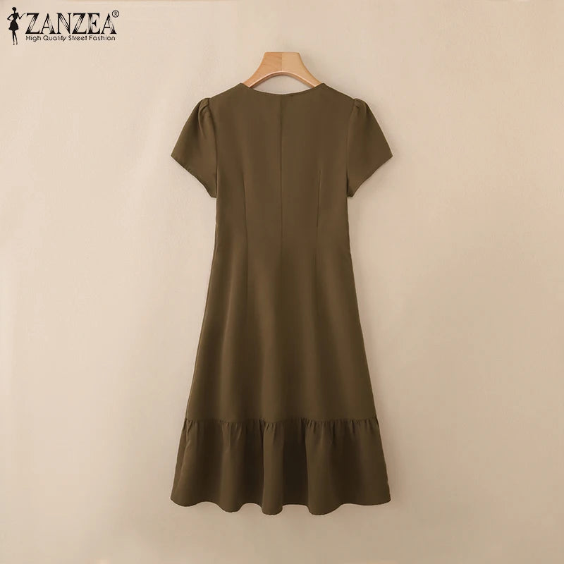 Stylish Summer Dress 2025 ZANZEA Women Elegant V-Neck Midi Dresses Office Work Sundress Short Sleeve Solid Buttons Vestidos Robe
