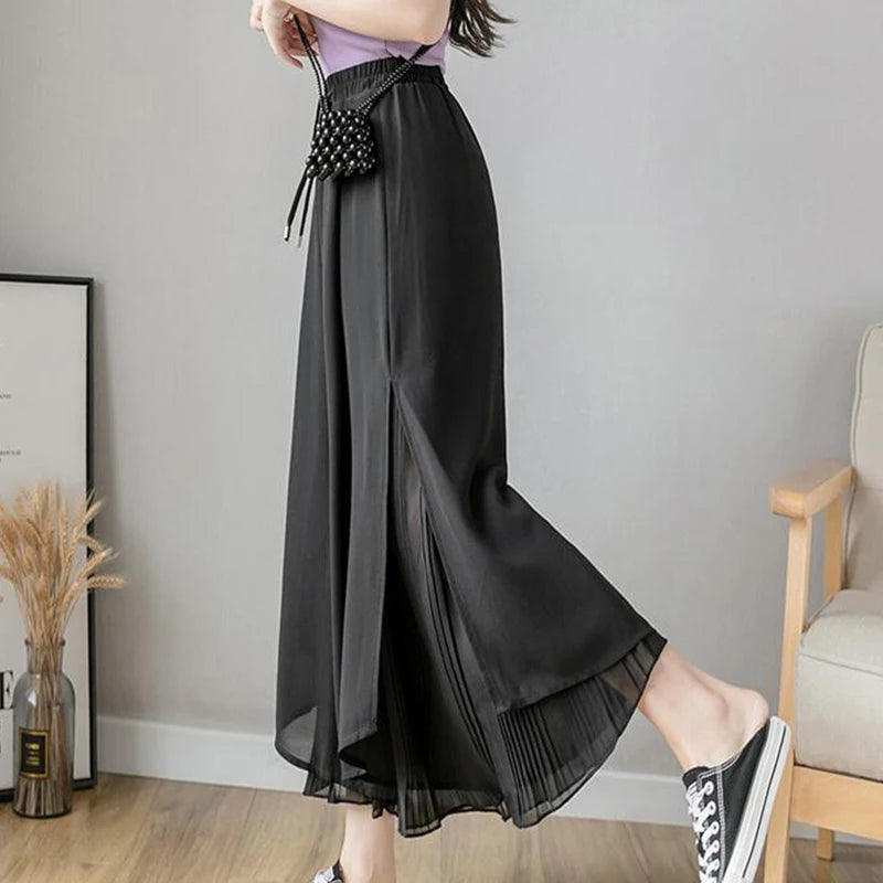 Summer Elastic Pleated Skirt Women Chiffon Trouser Skirt High Waist Casual Wide Leg Pants Fashion Streetwear Pants Pantalones
