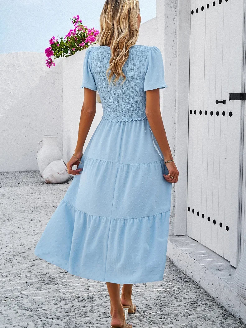 Summer Women's Casual Polka Dot Long Dress Vacation Boho Short Sleeve Solid V-neck Beach Sundress Elastic Waist Midi Dresses