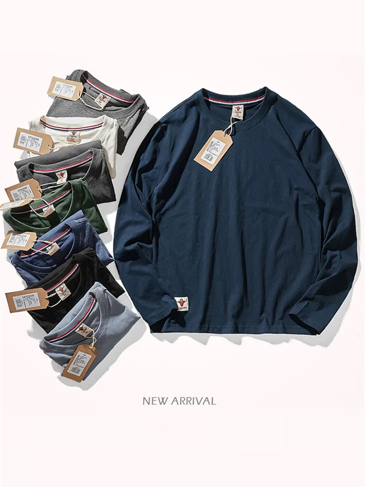 Autumn American Retro Long Sleeve O-Neck Solid Color T-Shirt Men'S Fashion 100% Cotton Washed Old Casual Bottoming Tops