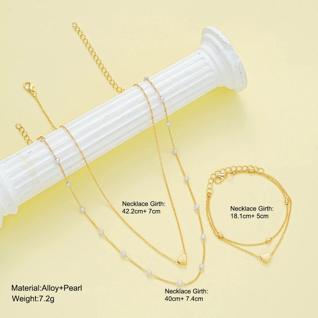 Fashion Imitation Pearl Heart Jewelry Set For Women'S Gold Silver Color Round Beads Necklace Bracelet Set Daily Wear Accessories