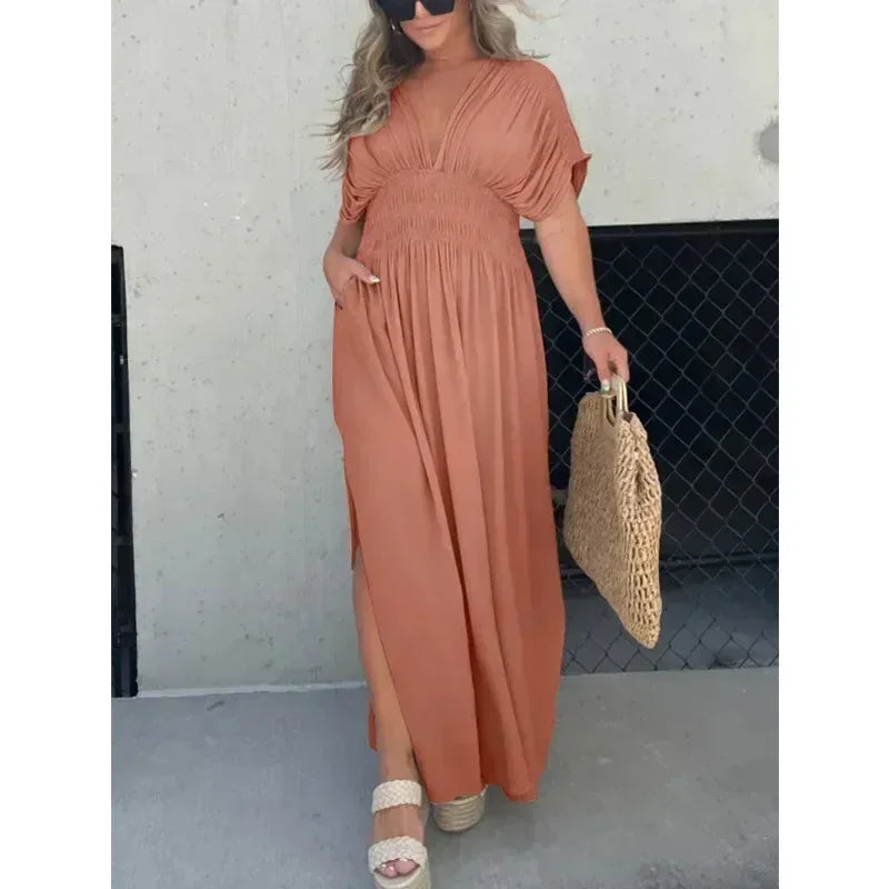 Slit V-neck Effortless Maxi Dress Solid Color Women Backless Leace-up Bat Sleeve Slit Dress Casual Beach Vacation Daily Wear