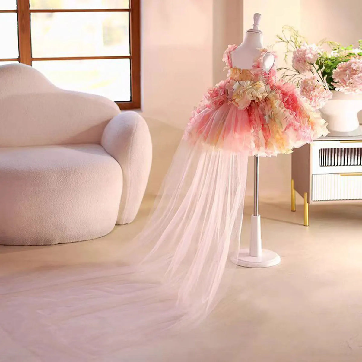 Dreamy Vow Elegant Cute Pearl Embellished Sling Tulle Pink Flower Girl Dress Wedding Holiday Party Knee-Length Ball Gown D084