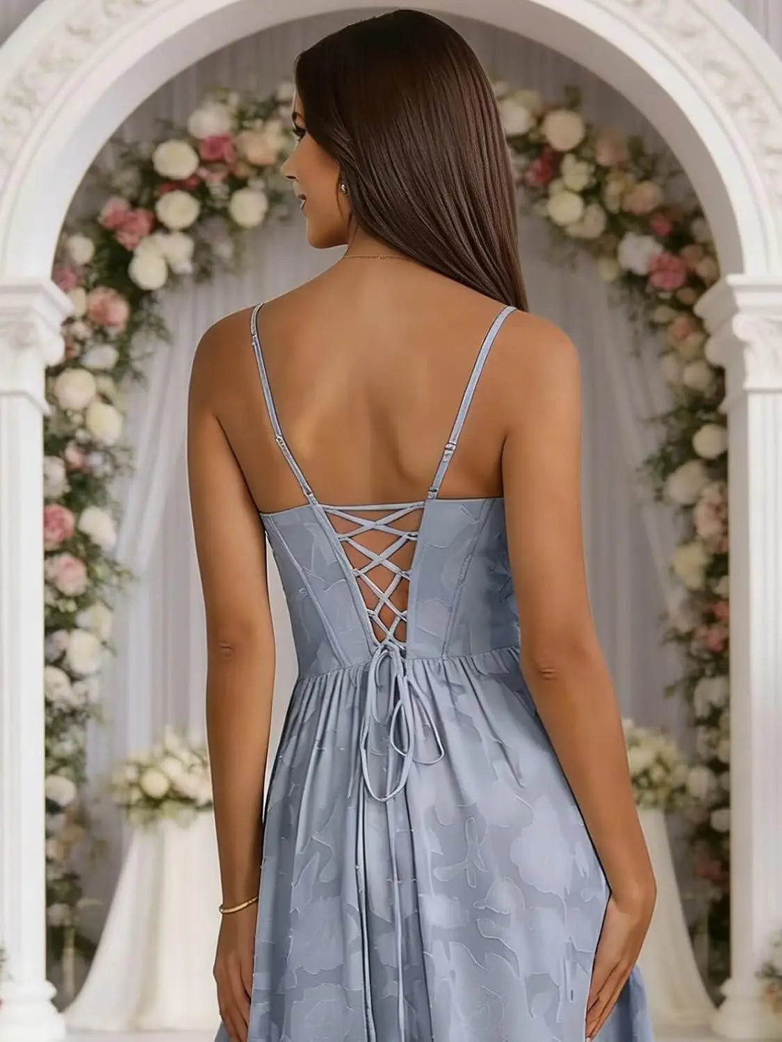Women's Chiffon Jacquard Spaghetti Strap Floor Length Formal Evening Gown For Wedding Guest Prom Party Bridesmaid Dress
