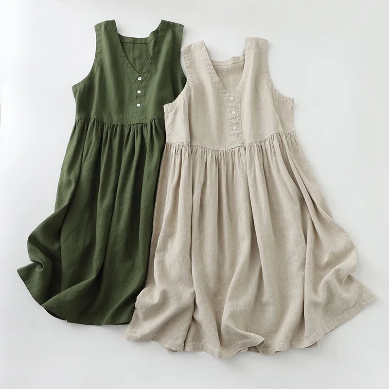 2026 New Women'S'S Cotton Linen Sleeveless Dress Casual V Neck Button Down Loose Midi Dresses For Summer Women'S'S Casual Dresses