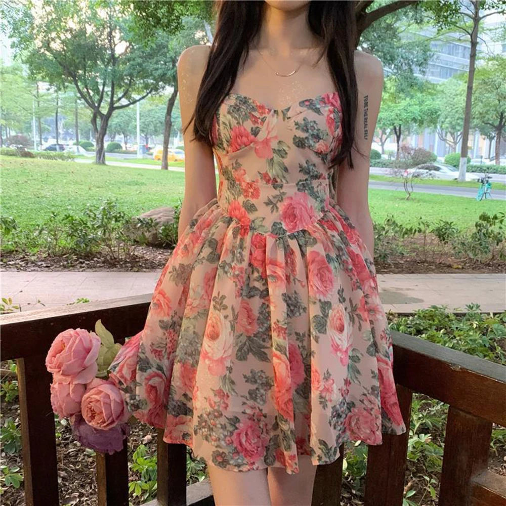 Women's Floral Print A-line Dress with Adjustable Straps and High Waist Design for Spring Summer Autumn Winter Wear