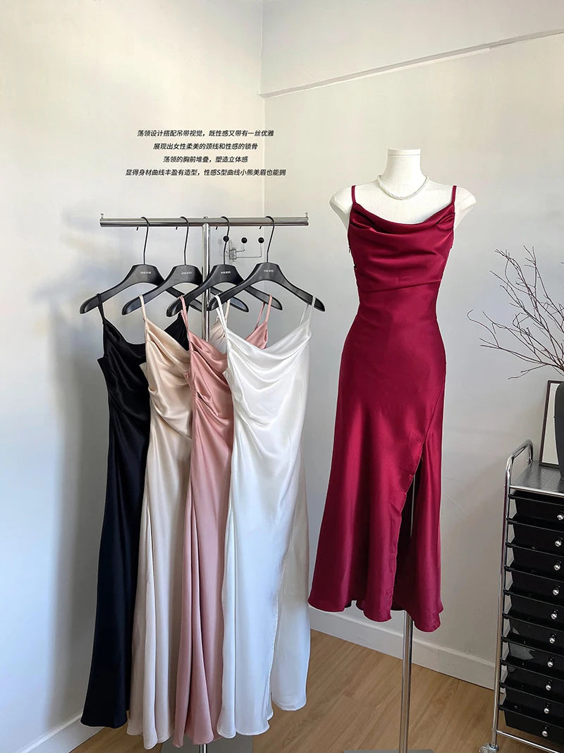 Women's Sexy Swinging Collar Satin Strap Long Dress Lady Summer Solid Color Slim Pleated Wasit Split Party Dress
