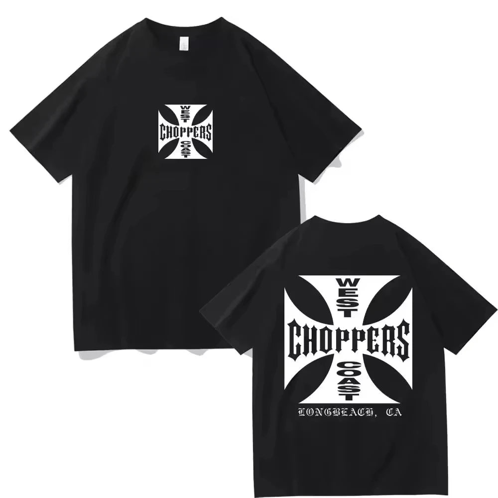 Retro Biker Cross Graphic T Shirt Men Women'S Black Cotton Oversized Short Sleeve Streetwear Casual Motorcycle Style Tee Tops