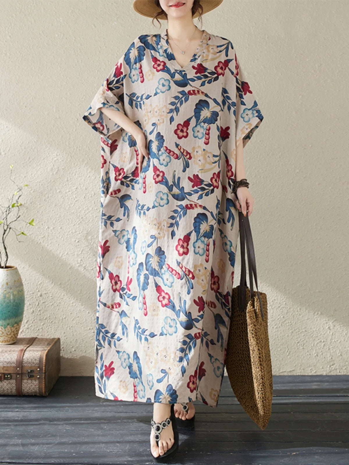 Summer Fashion Print Short Sleeve Dress V-Neck Conceal Hip Large Size Women's Dress Retro Commute Style Cotton Long Dress
