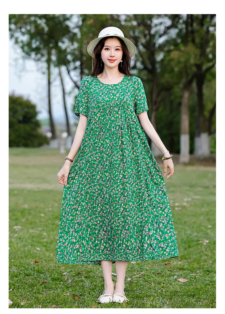 New Print plus size 2026 New Fashion Floral Printed Summer Dress Vestidos Elegant Short Sleeve Slim O-Neck Party Women clothing