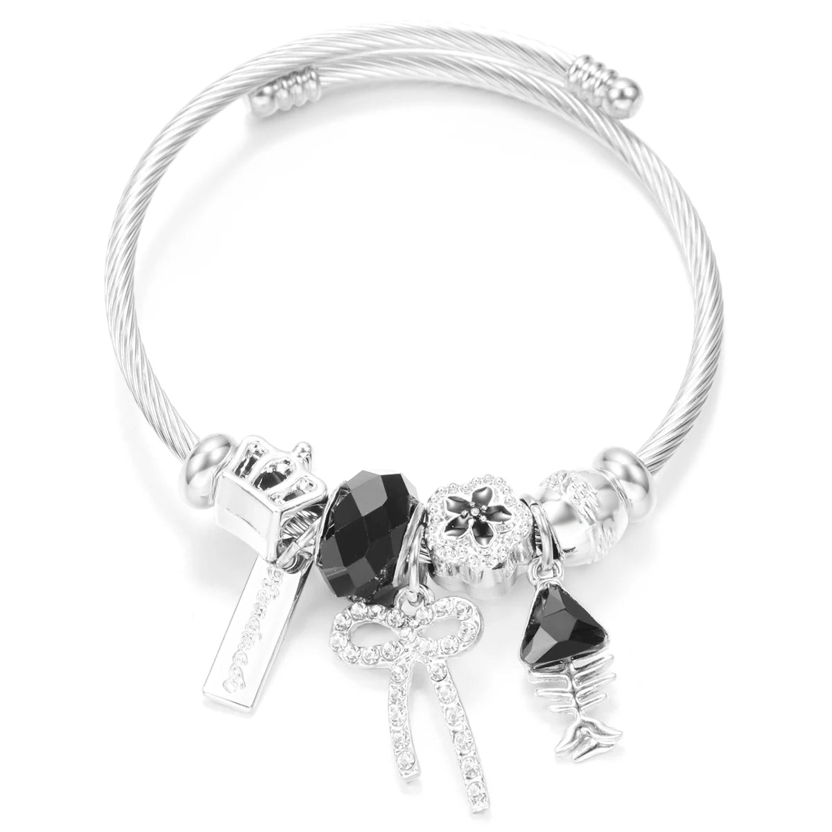 New Trendy Rhinestones Dragonfly Crystal Beaded Pendant Bracelet Stainless Steel 4 Colors Closure Bangles Women'S Bracelet Jewelry