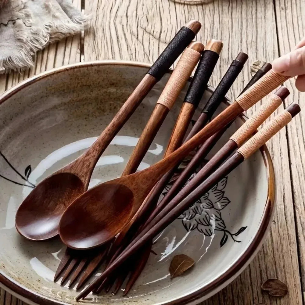 3-Piece Japanese Style Fashionable Wooden Cutlery Set - Includes Spoon Chopsticks And Fork for Elegant Dining Experience