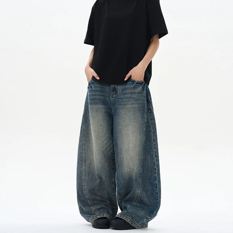Mens Patchwork Denim Jeans Oversized Wide Leg Pants Vintage Cracked Lightning Denim Streetwear For Men