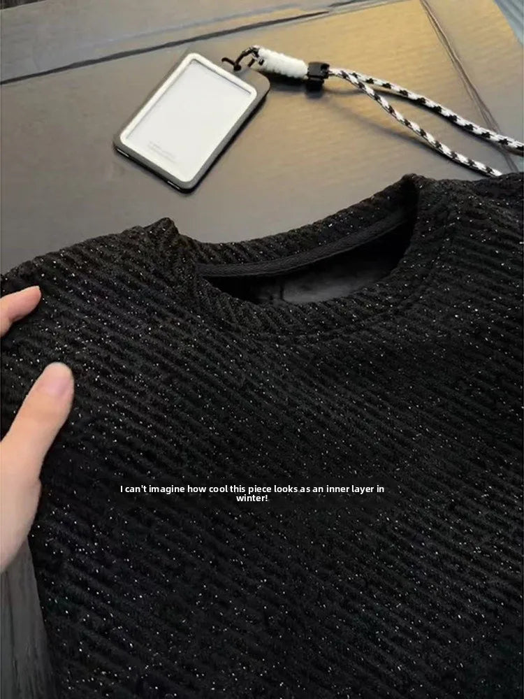 Black round Neck Long Sleeve Sweatshirt Men's Autumn Winter Heavyweight Base Layer Shirt Tianxing Comfortable Casual Style