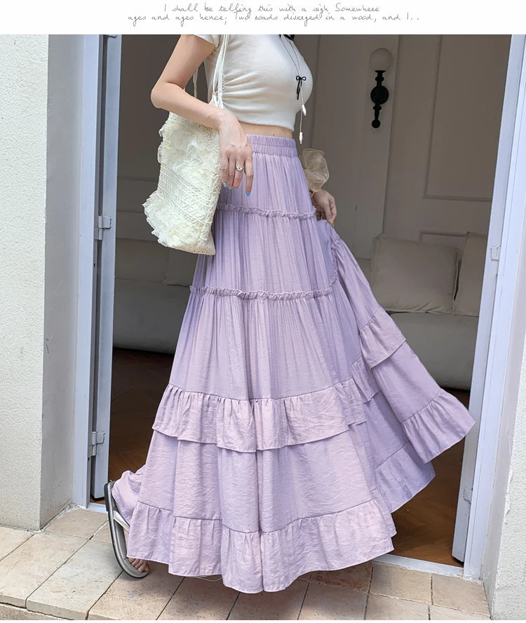 White Tiered Ruffle Hem Skirt 2025 - High Waist Flowy A-Line Maxi Skirt, Summer Chiffon Layered Skirt with Pleats