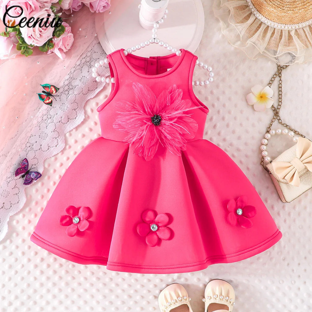 1-5Y Toddler Girl Party Dresses Sleeveless Front Fashion 3D Mesh Flower Dress For Girls Baby Kids Clothes Girls Birthday Gown