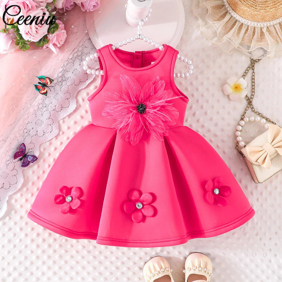 1-5Y Toddler Girl Party Dresses Sleeveless Front Fashion 3D Mesh Flower Dress For Girls Baby Kids Clothes Girls Birthday Gown