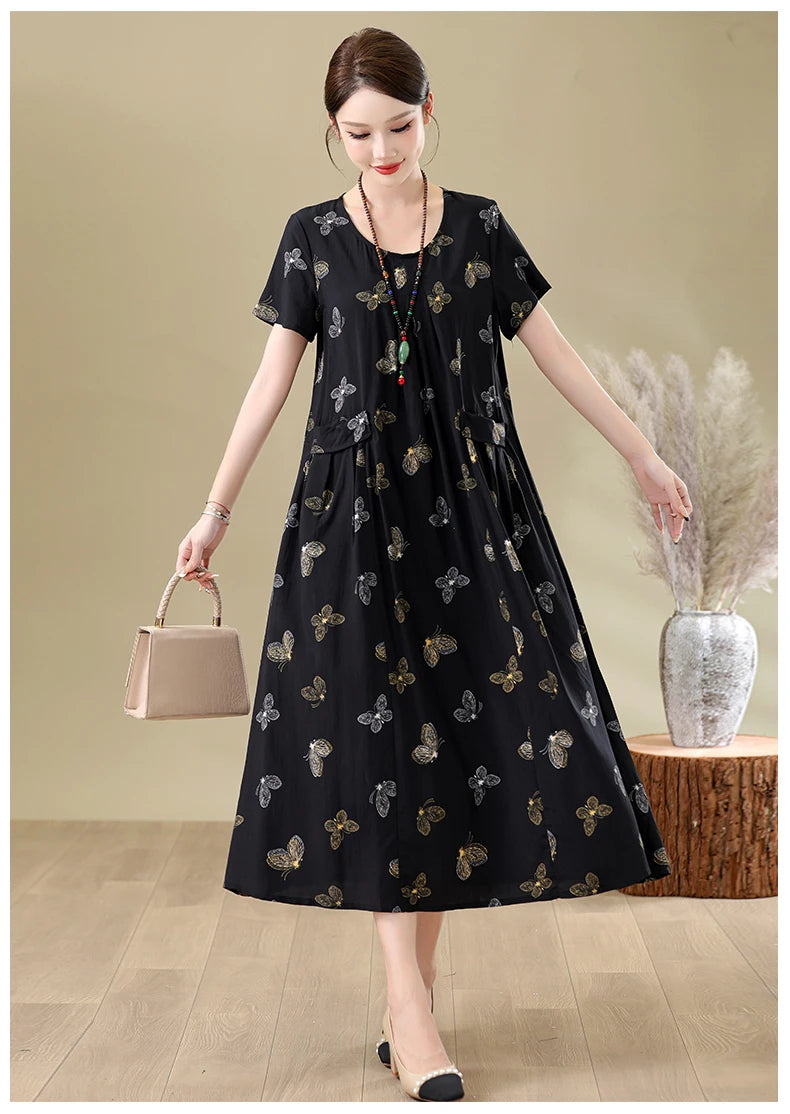 New Fashion Casual Summer Dresses For Women 2026 Loose Plus Size Clothes Elegant printting O-neck Short Sleeve Woman Clothing