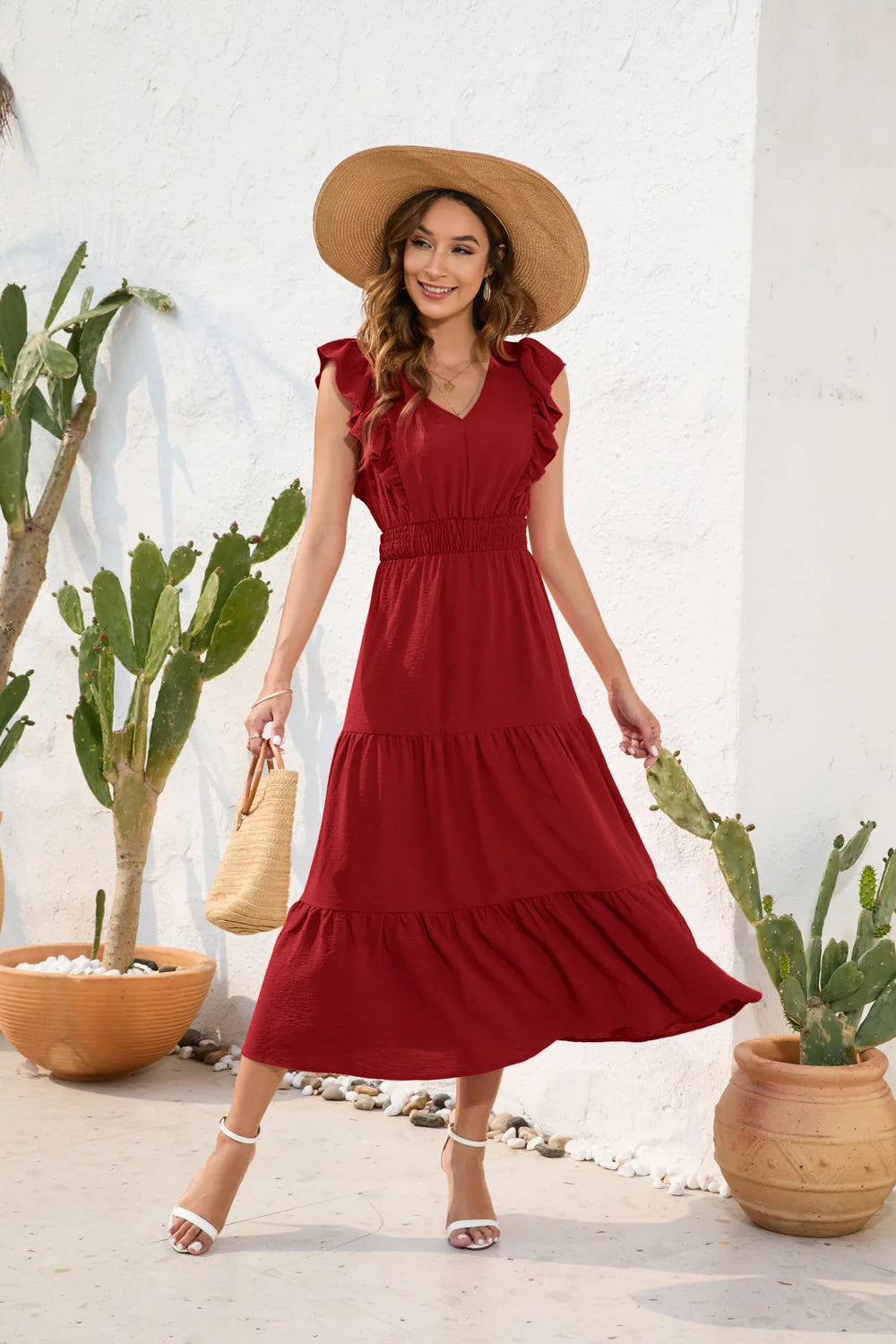 VigoCasey 2026 Summer Female Solid Long Dress Women Sexy Ruffle Sleeveless V Neck Long Dress Lady Casual High Waist Dresses