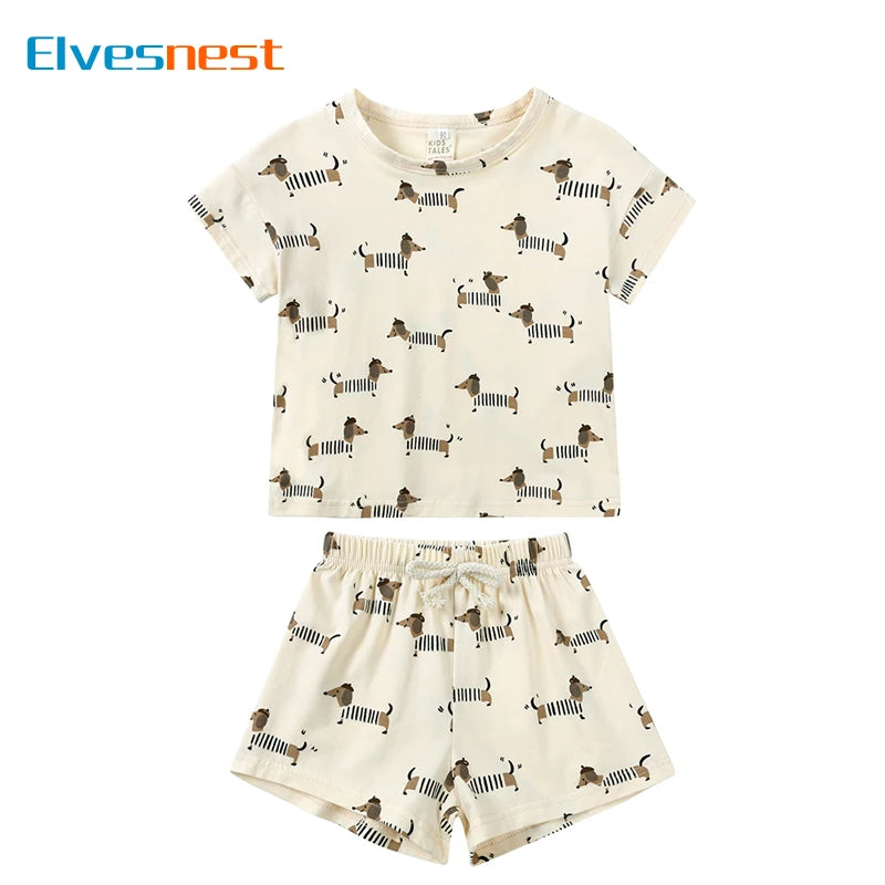 Cartoon Print Toddler Boys Clothes Cotton Short Sleeve Tops Shorts 2 Pcs Summer Kids Clothes Girls Outfit Set 1-3 Years