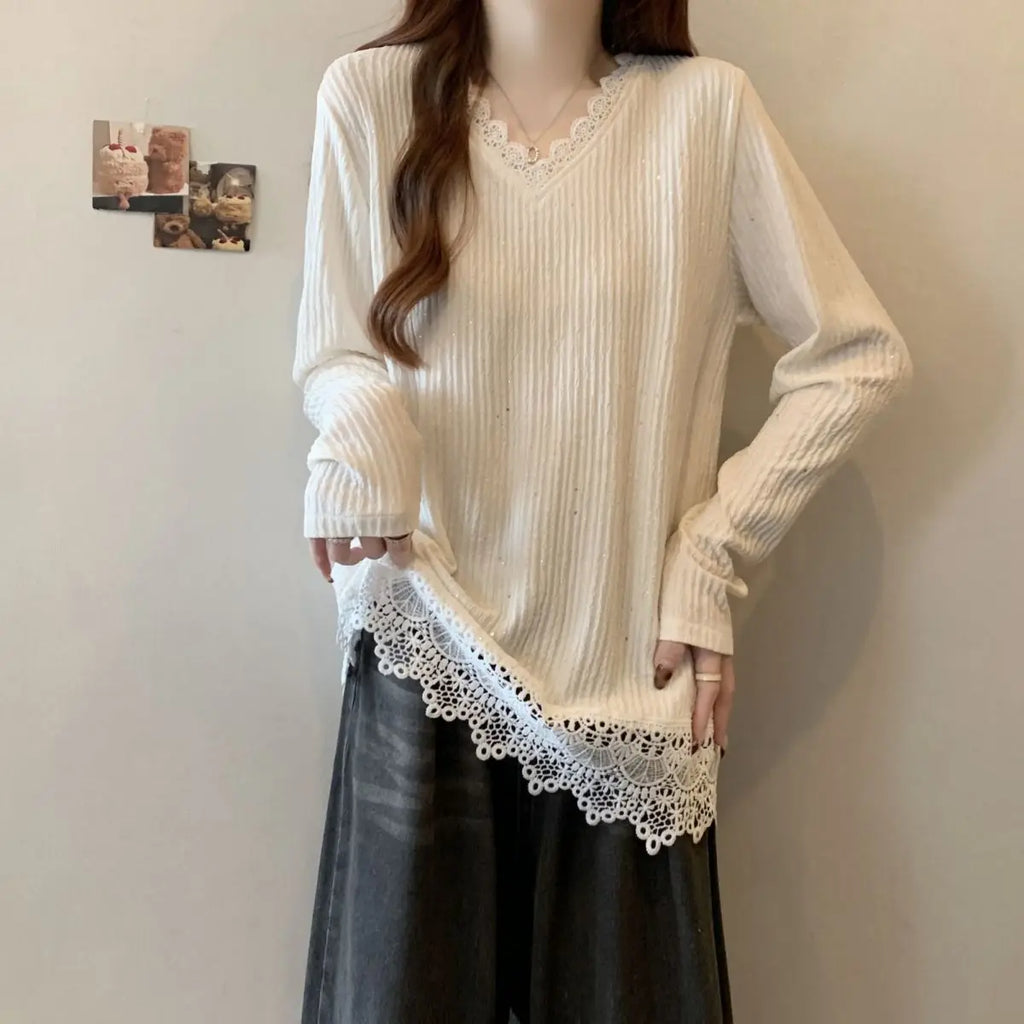 Lace Splicing Long Sleeve T-shirt Female Loose Slimming V-Neck Top