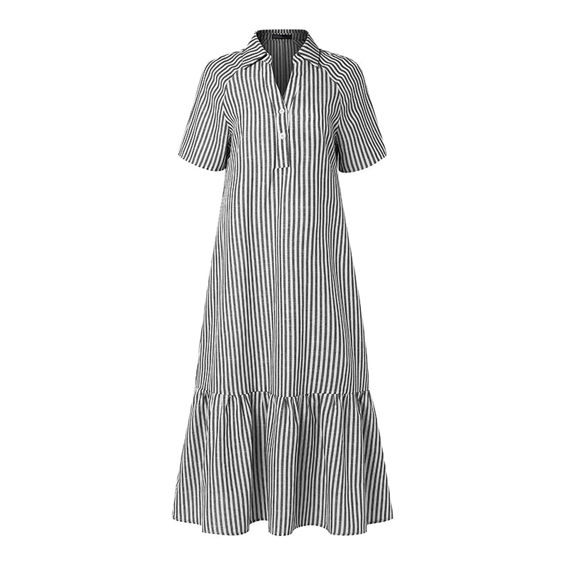 Women Summer Sundress ZANZEA Stylish Lapel Neck Striped Dress Elegant Short Sleeve Ruffled Hem Work Midi Dresses Baggy Robe 2026