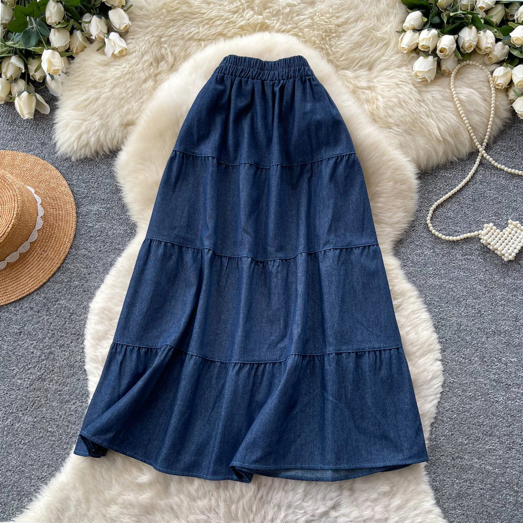 Korean Style A-Line  Skirt Women's Summer Slimming Elastic Waist Denim Patchwork Skirts City Commute Universal Long Skirts