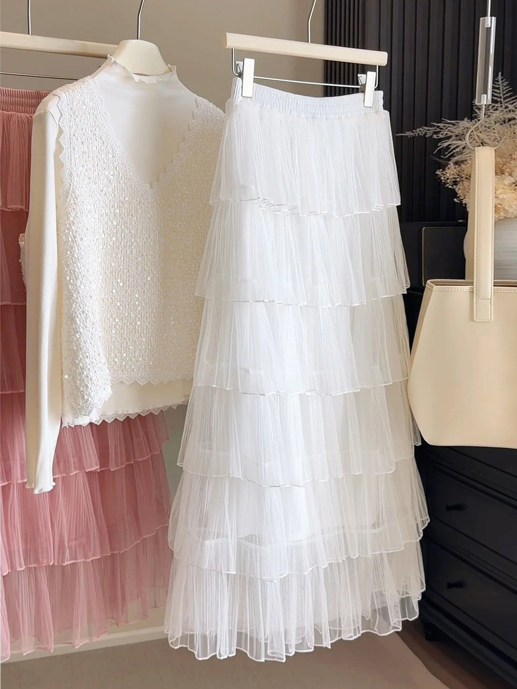 Seoulish Korean Style Layered Mesh Cake Midi Skirt 2026 Spring Women High Waist Elegant Tulle Skirt Female Long Skirts Party
