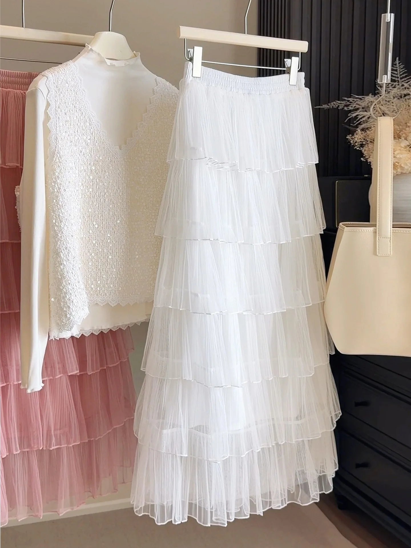 Seoulish Korean Style Layered Mesh Cake Midi Skirt 2026 Spring Women High Waist Elegant Tulle Skirt Female Long Skirts Party