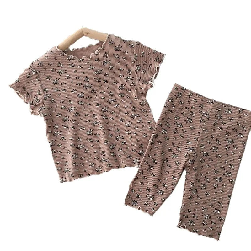 2026 Summer Fashion New Short Sleeve Round Neck Flower Printed T-shirt Top+Pants 2 Piece Set Kids Casual Home Clothes
