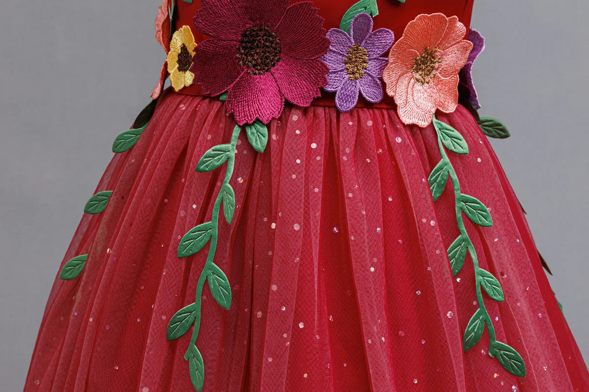 HETISO Princess Dress for Girls Red Christmas Lace Dots Embroidery 3D Flower Formal Party Birthday Gown Kids 2-10 Years