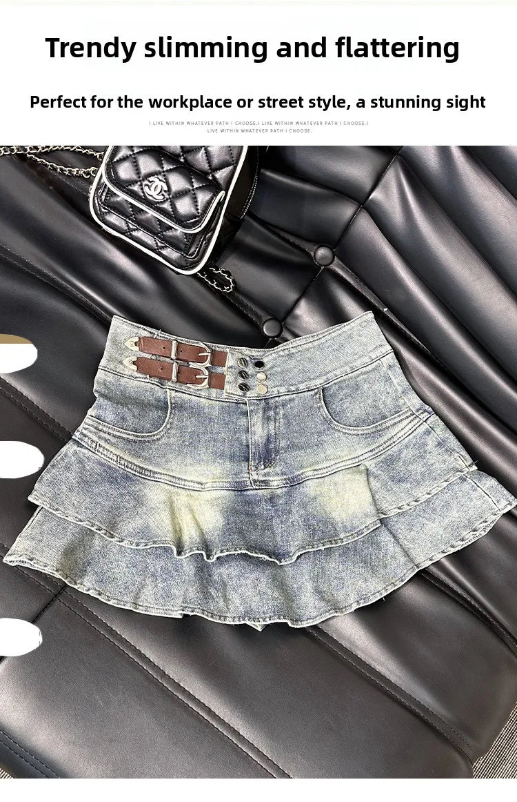 2026 American Pure Desire Spicy Girl Design Elastic Denim Skirt Half-length Pleated Cake Skirt Short Commute High Elasticity