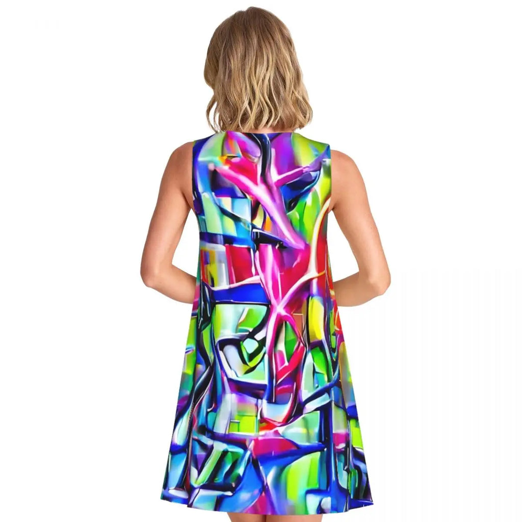 Shiny Graffiti Casual Dress Colorful Print Sleeveless Boho Dresses Women O Neck Street Fashion Dress Day Print Vestidos Present
