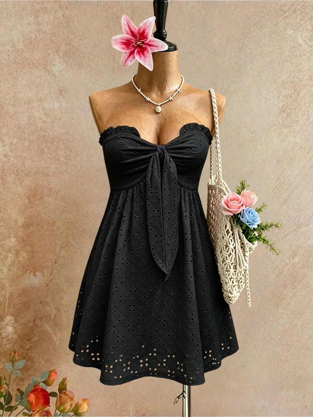 Women Strapless Ruffle Bust Front Tie Cutout Eyelet Embroidery A Line Mini Dress Solid White Summer Beach Flowy Short Dress