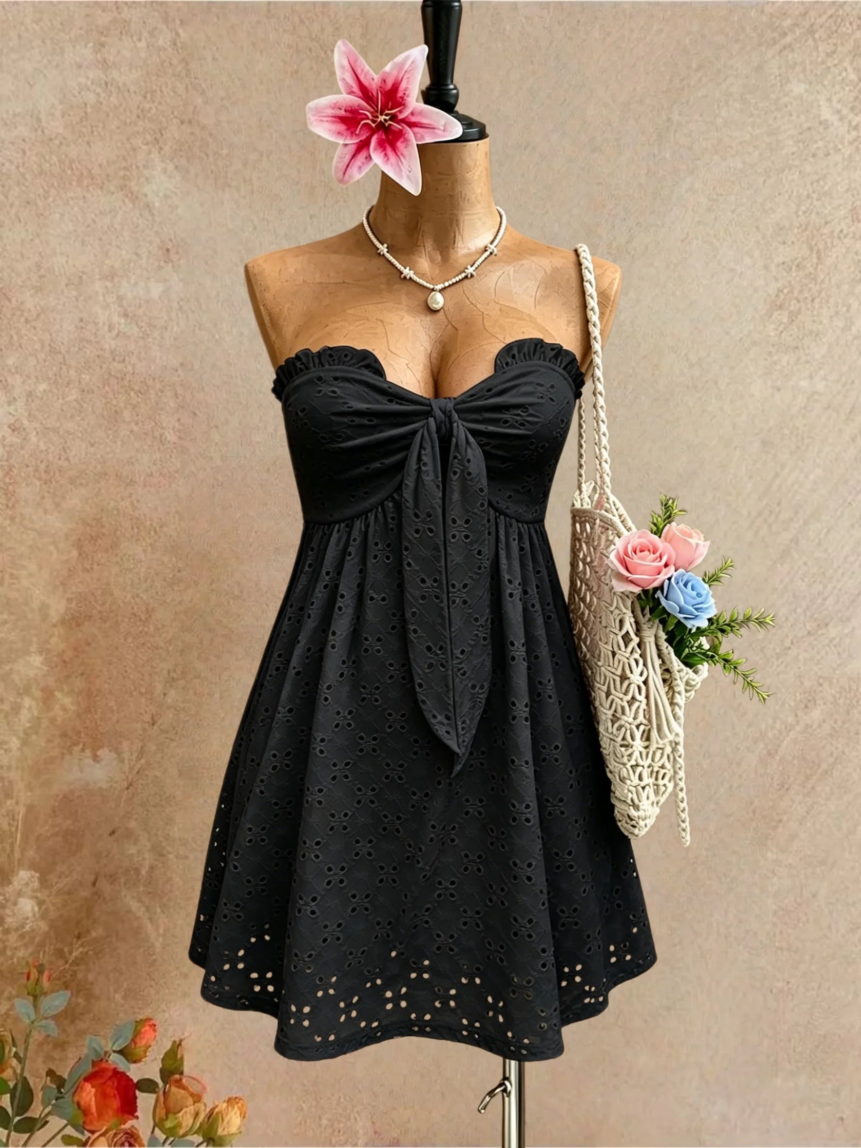 Women Strapless Ruffle Bust Front Tie Cutout Eyelet Embroidery A Line Mini Dress Solid White Summer Beach Flowy Short Dress
