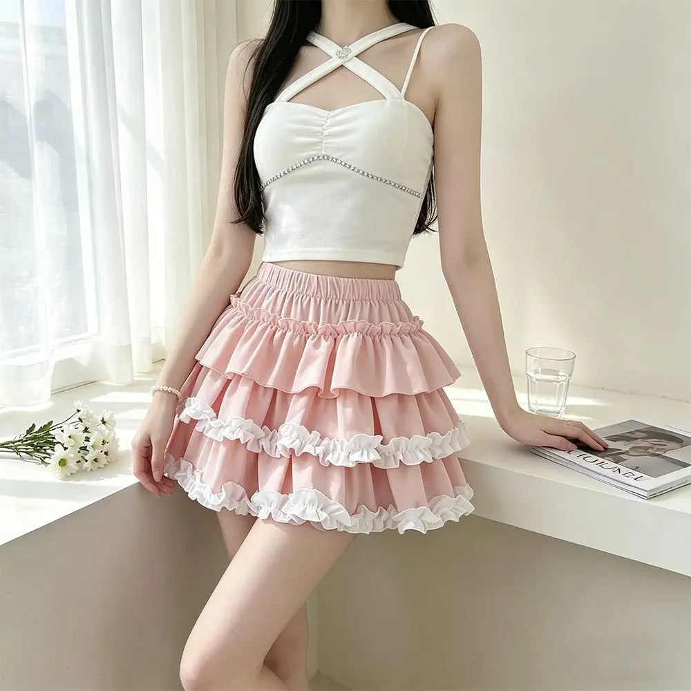 Sweet Ballet Ruffles Mini Skirt Women Ball Gown Casual Pumpkin High Waist Puffy Y2k Clothes Lolita Pleated Skirt with Shorts