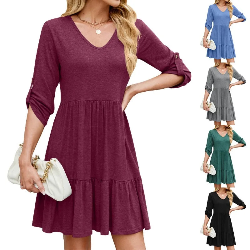 Women Spring Summer Loose 3/4 Sleeve V-Neck Ruched Ruffled Flowy Midi Dress EU US