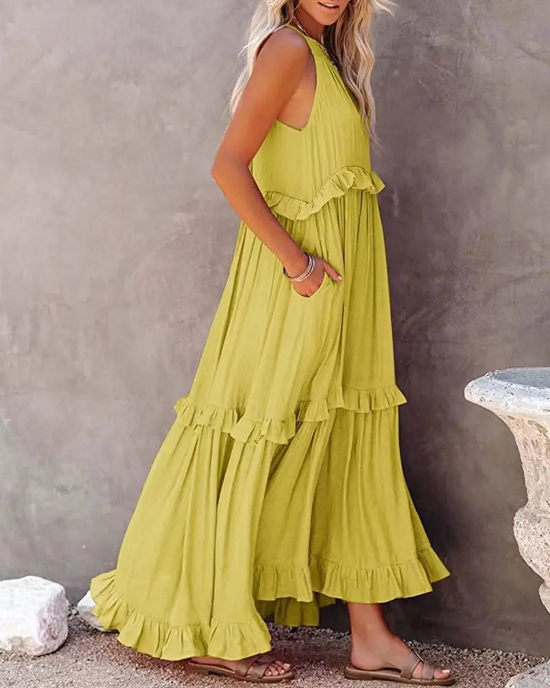 Women Halter Neck Maxi Dress Sleeveless Ruffle Tiered Loose Flowy Bohemian Beach Long Dress