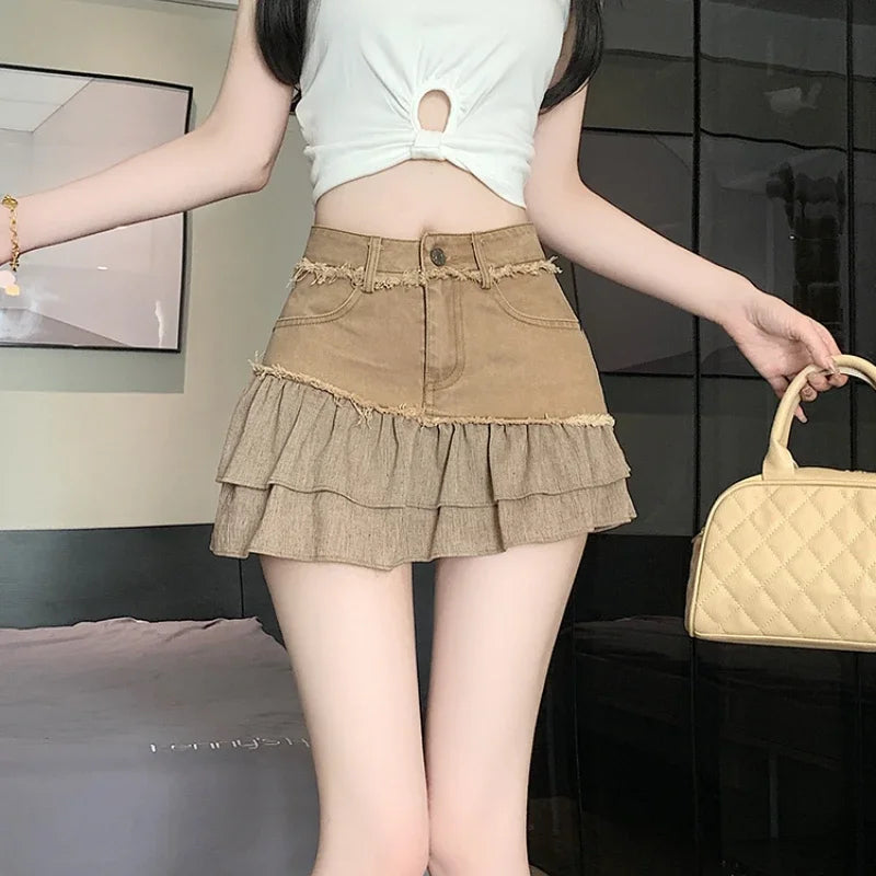 Fashion 2025 New Denim Patchwork Ruffle Denim Skirts Women Summer Retro High Waist Slim Skirts Woman