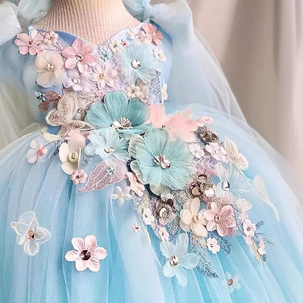 HETISO Lovely Appliques 3D Butterfly Flower Girl Dress For Wedding Children's Elegant Birthday Party Ball Gown 1-12 Years