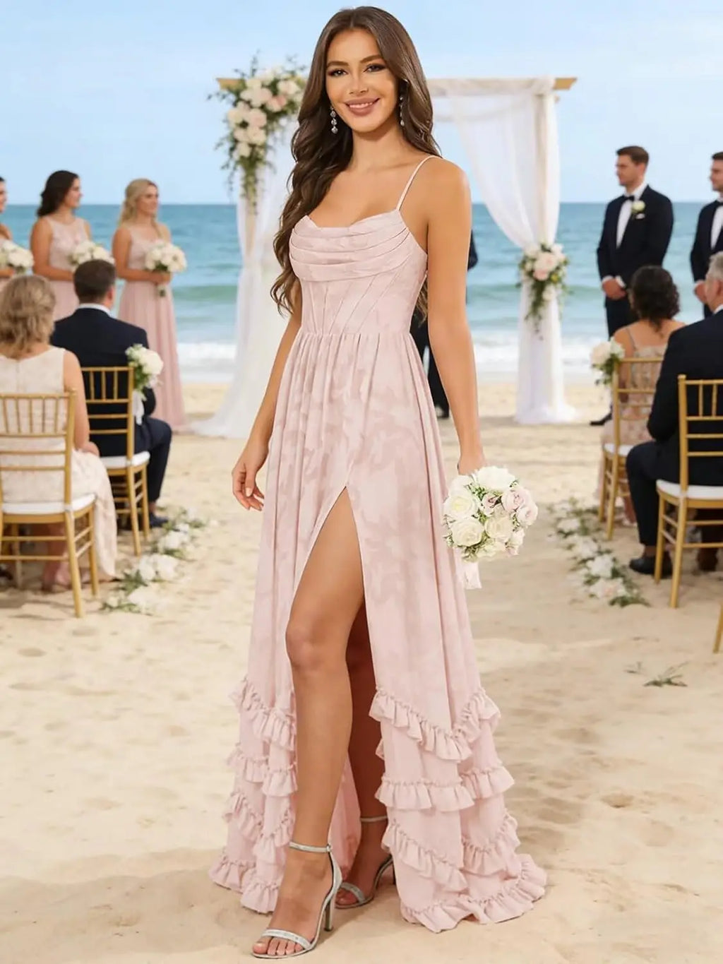 Women's Chiffon Jacquard Spaghetti Strap Floor Length Formal Evening Gown For Wedding Guest Prom Party Bridesmaid Dress