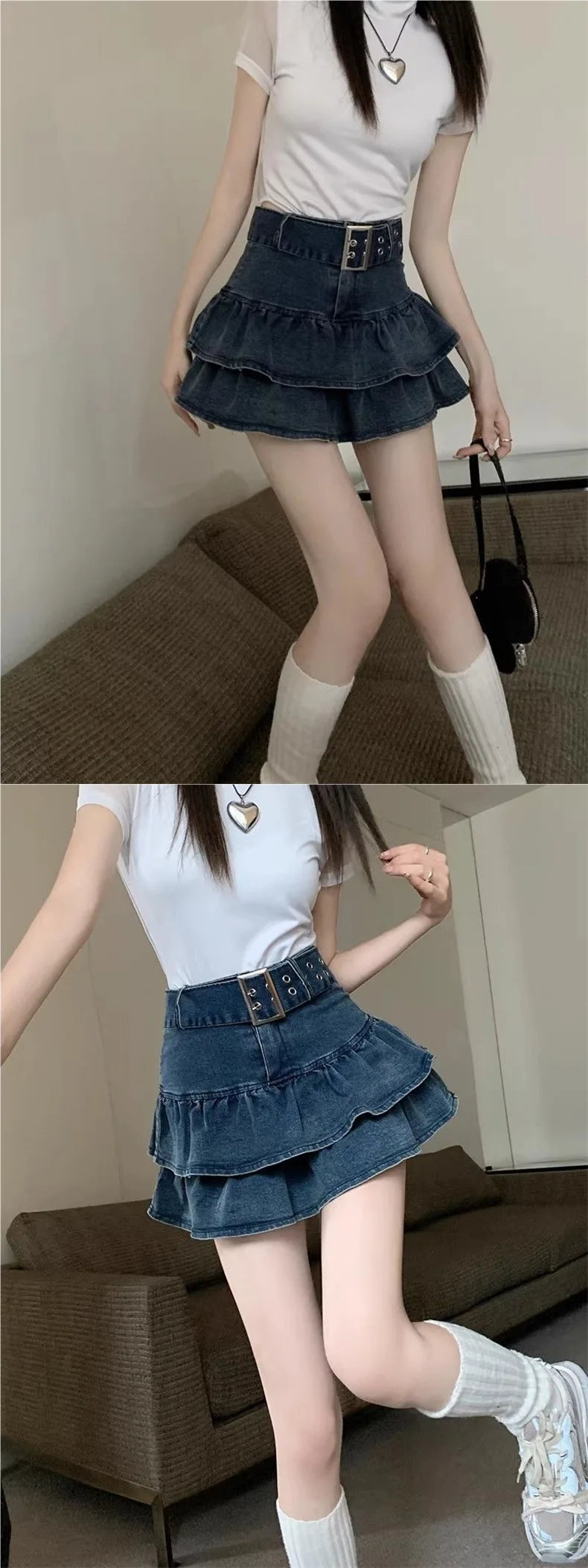High Waist Short Denim Skirt Women's Summer Dopaamine Design Slimming A-Line Skirt with Lace Trim Super Short Casual Skirt