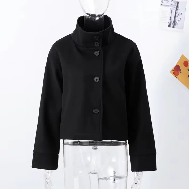 Stand Collar Women Winter Woolen Coat 2025 Spring Single Breasted Loose Female Long Sleeve Jacket Office Lady Street Short Coats