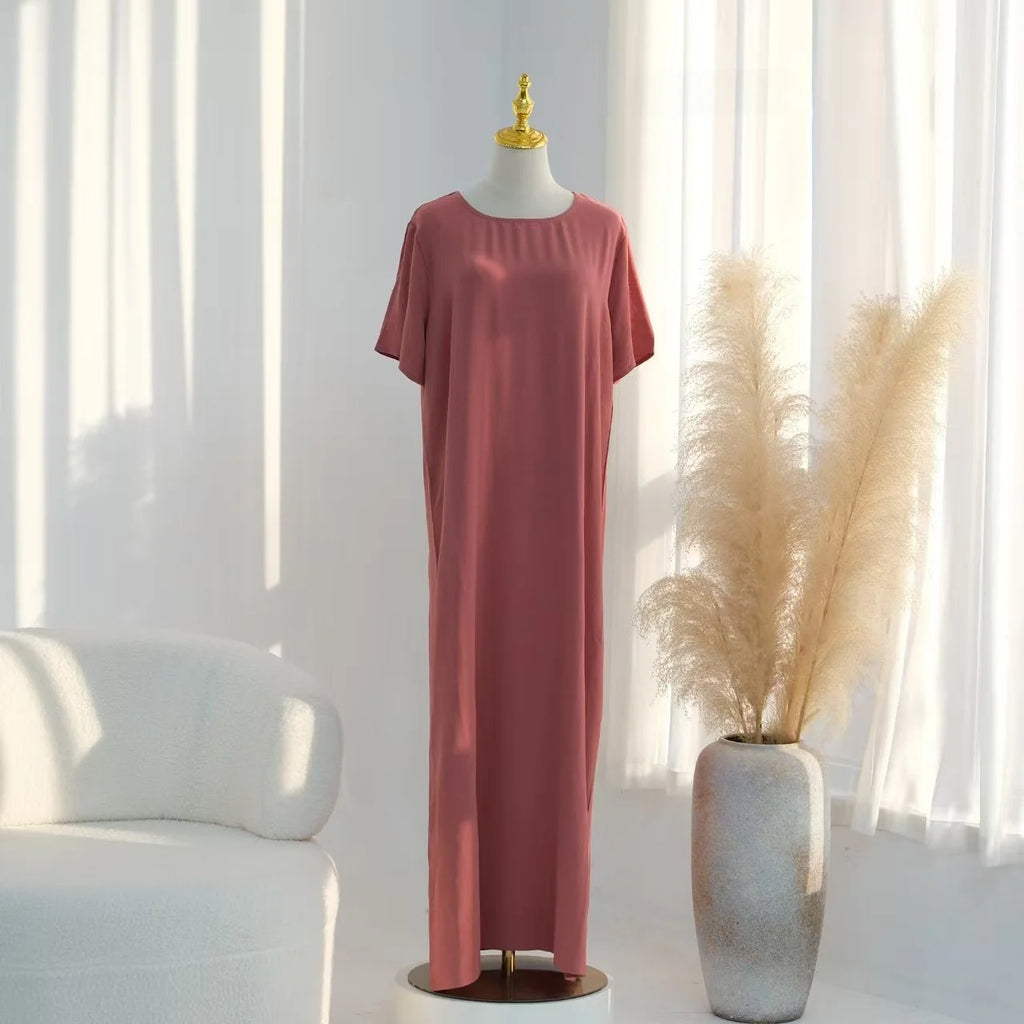 Fashionable  Color round Neck Short Sleeve Long Dress Inner Wear Dress Ethnic Style New Arrival High Waist Polyester Fabric