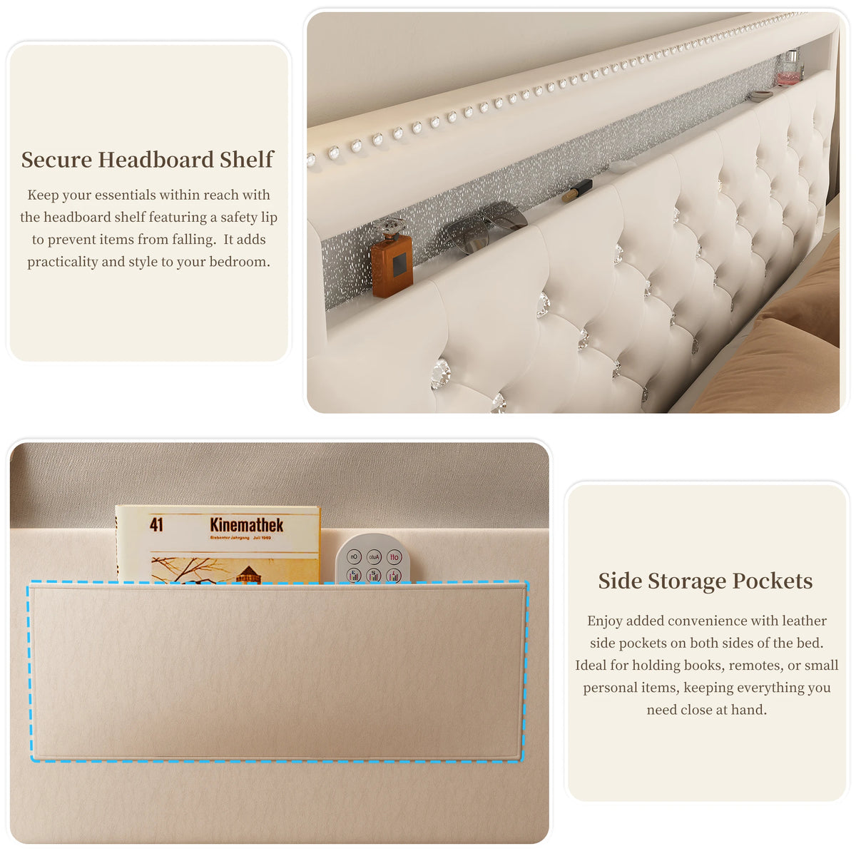 SIBEDS Queen Upholstered Platform Bed Frame with LED Lights and 2 Storage Drawers, Crystal Button Tufted Headboard, Height Adjustable Design, Side Pockets, Solid Slats Support, No Box Spring Needed