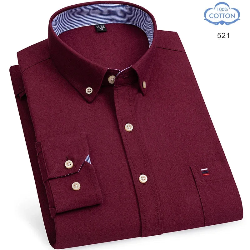 100 Percent Cotton Oxford Shirt For Men Long Sleeve Plaid Pattern Business Office Wear Smart Casual