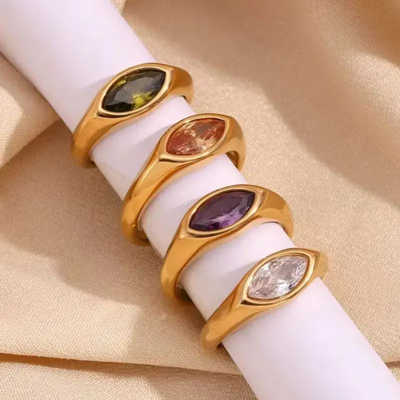E.B.Belle Horse Eye Zircon Seal Ring 316L Stainless Steel Hypoallergenic 18K Gold Plated For Women