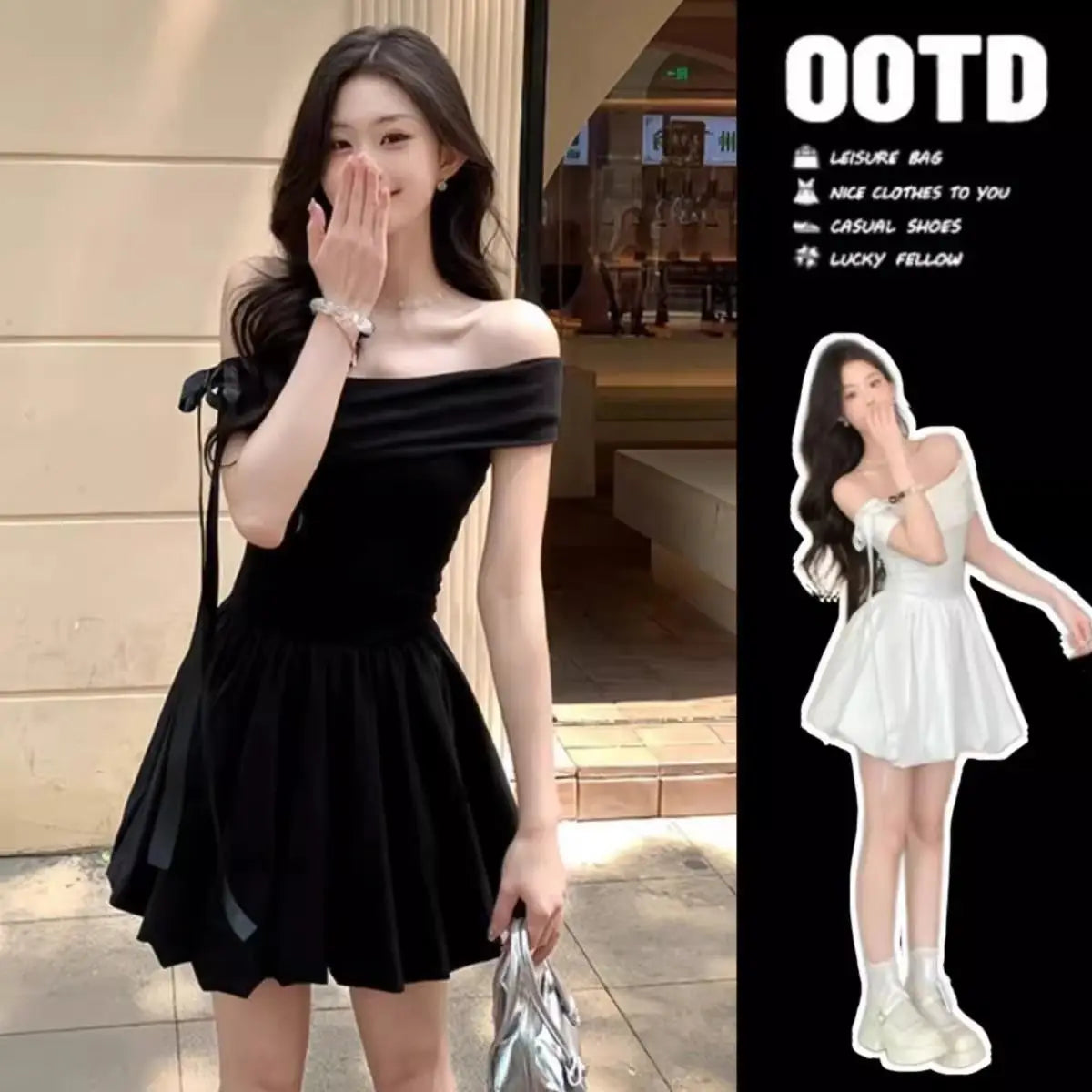 Black Off Shoulder Mini Dress With Bow Decor Ruched Waist Flared Silhouette For Women
