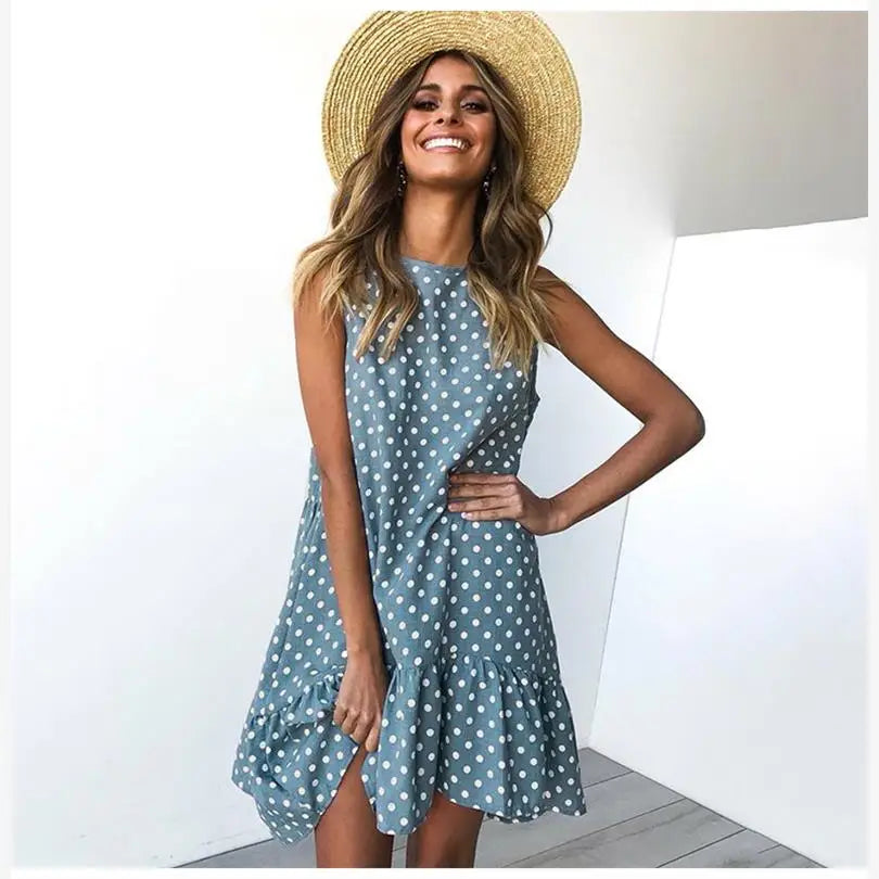 Summer 2020 round Neck Sleeveless Polka Dot Loose Fit Maxi Dress with Lace Hemline Full Body Length Polyester Fabric