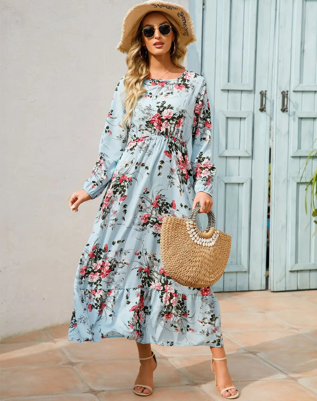Women Eid Muslim Dresses Tight Waist O Neck Ruffles Spliced Casual Vestidos Flowers Dress Dubai Kaftan Islam Morocco Arab